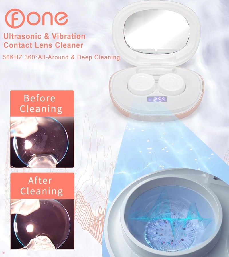 ofone Contact Lens Cleaner, Ultrasonic Contact Lens Cleaning Machine with USB Charger, Timer Display and 5 Contact Solution Cases Kit Replacement for Soft Hard Colored RGP Lenses (Pink) - Image 2